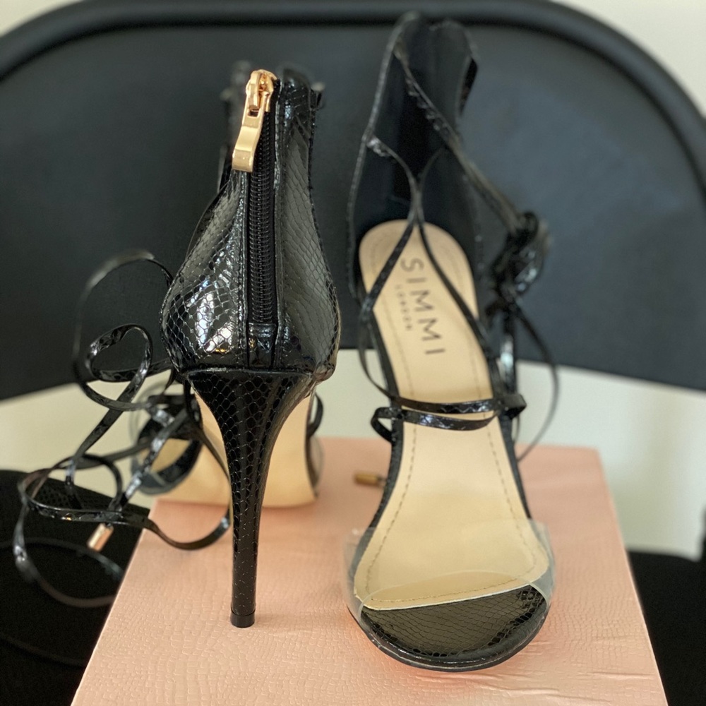 Black Snake Print Patent Lace-Up Clear Heels